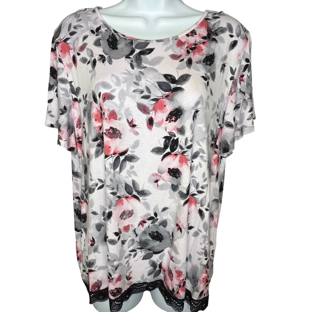 Charter Club Intimates Womensβ Gray Pink Floral Lace Trim Pajama Top Gray Sz L